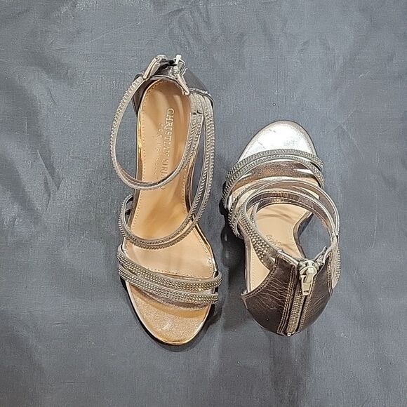 CHRISTIAN SIRIANO WOMEN'S PU ANKLE STRAP OPEN TOE RHINESTONE  HEELS SANDALS - Picture 5 of 14